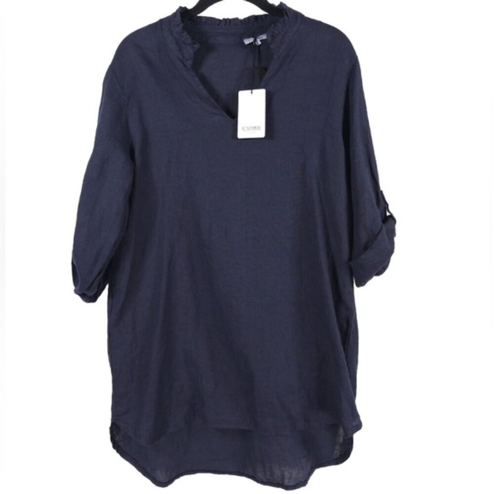 NWT ROSEMARINE ITALY🇮🇹MADE PURE LINEN Roll Tab Sleeve Ruffle Vneck Top MEDIUM